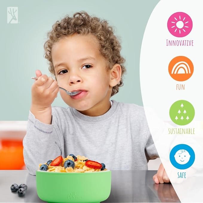 Elk and Friends Kids Porcelain Bowls with Silicone Suction Sleeve | Kids/Toddler/Baby Feeding | Microwave & Dishwasher Safe | Non slip | Cereal/Soup/Snack Dishes & Dinnerware