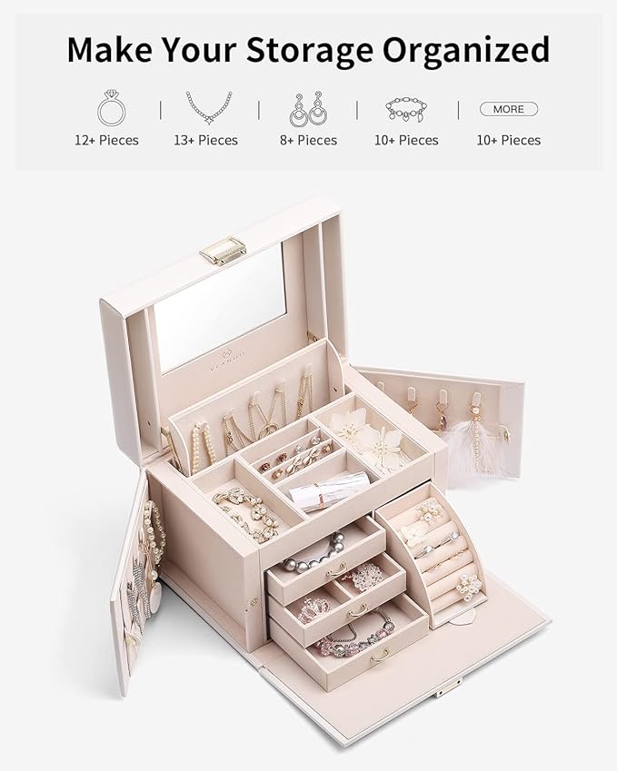 Vlando Jewelry Box Organizer for Girls Women, Large Vintage Jewelry Storage Box with Mirror, Drawers for Bracelets, Earrings, Rings, Necklaces, Mothers Day Gifts for Loved One, White, Regular