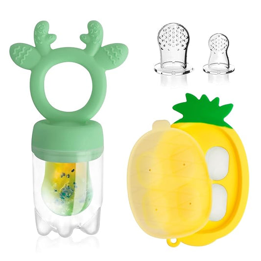 Baby Fruit Food Feeder - Silicone Nibble Tray Combo - Breastmilk Popsicle Mold for Cooling Relief, BPA Free Mesh Feeder for Infant Self Feeding (Deer Green + Pineapple)