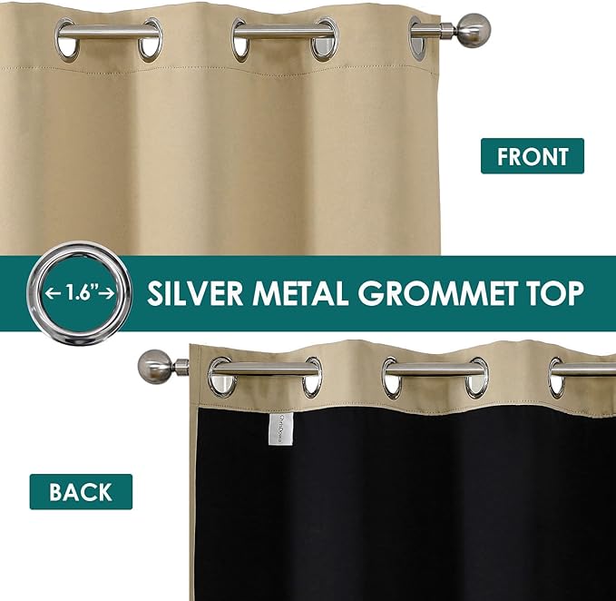 ChrisDowa 100% Blackout Curtains for Bedroom with Black Liner, 2 Thick Layers Total Blackout Thermal Insulated Grommet Small Window Curtains 2 Panels Set (Beige, 42 x 54 Inch)