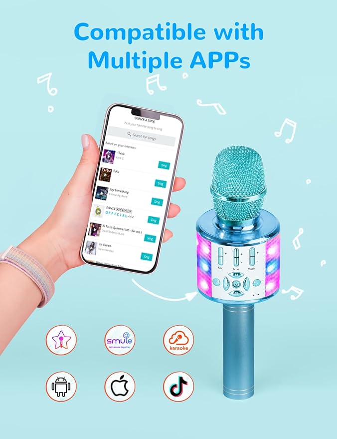 Amazmic Kids Karaoke Microphone Machine Toys for Girls Bluetooth Microphone with LED Light, Birthday Gift for Girls Boys 3 4 5 6 7 8 9 10 11 12 Year Old Kids Toys(Blue)