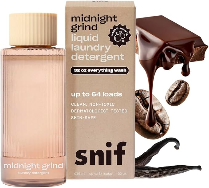 Snif Midnight Grind Laundry Detergent, Bold, Rich Espresso Scent, 64 Loads, Non-Irritating to Skin, Clean, Non-Toxic, Vegan, Cruelty Free, 32oz
