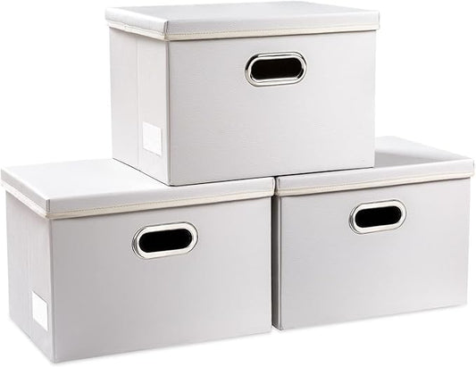 PRANDOM Collapsible Storage Bins with Lids [3-Pack] Leather Fabric Foldable Storage Boxes Organizer Containers Baskets Cube with Cover for Bedroom Closet Office Nursery White (14.9x10.8x10)