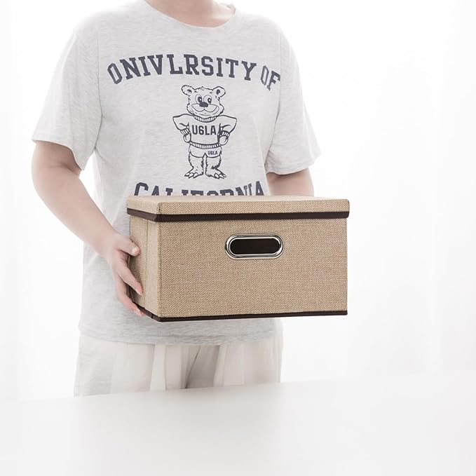 PRANDOM Storage Bins with Lids [3-Pack] Jute Fabric Foldable Storage Boxes Organizer Containers Baskets Cube with Cover for Home Bedroom Closet Office Nursery khaki（11.4X8.6X6.7