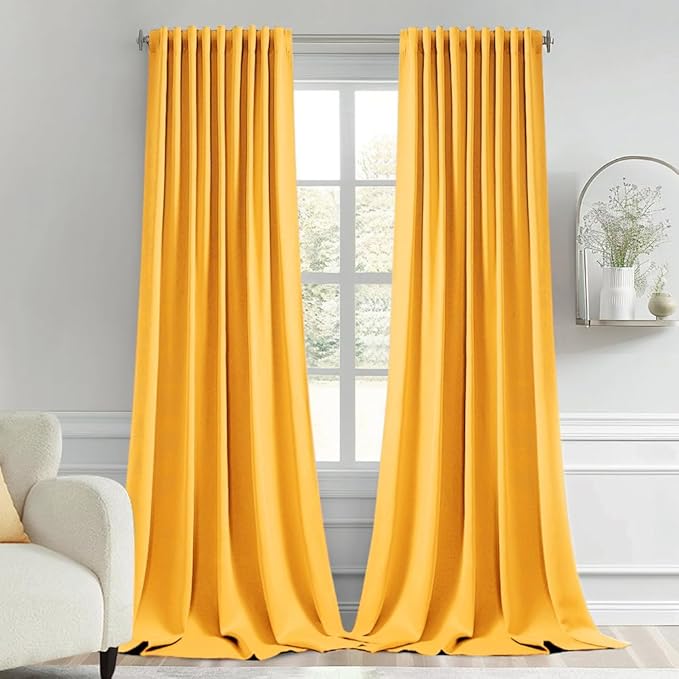 MIULEE Yellow Back Tab Blackout Curtains 108 Inch Long 2 Panels Set for Bedroom, Rod Pocket/Pinch Pleat Extra Long Thermal Insulated Living Room Darkening Pleated Light Blocking Drapes