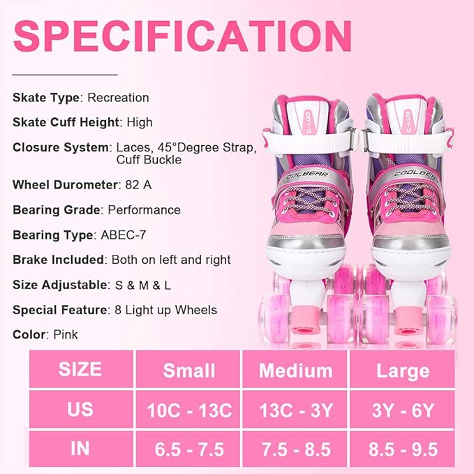 Sowume Adjustable Roller Skates for Girls and Women, All 8 Wheels of Girl's Skates Shine, Safe and Fun Illuminating for Kids