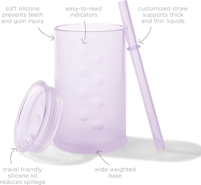 Olababy Clear View Silicone Training Cup with Straw Lid | Toddler Sippy Trainer 12mo+ | Unbreakable Water Drinking Cups for Kids 2yr+ | Baby Led Weaning & Feeding Supplies (Lilac, 9 oz)