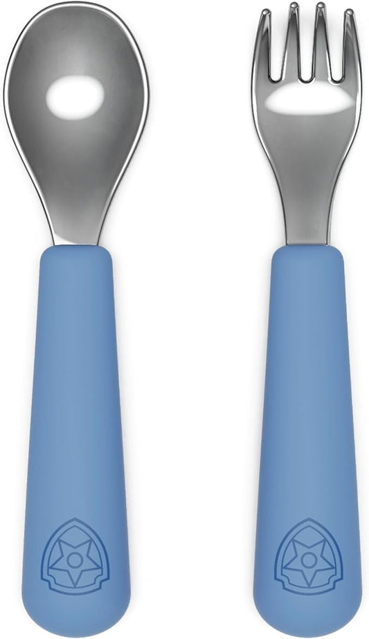 Lalo PAW Patrol Utensils - Toddler Fork and Spoon Set - Stainless Steel and Silicone Ergonomic Toddler Utensils - Children Safe Flatware Set - 2 Pieces - Chase
