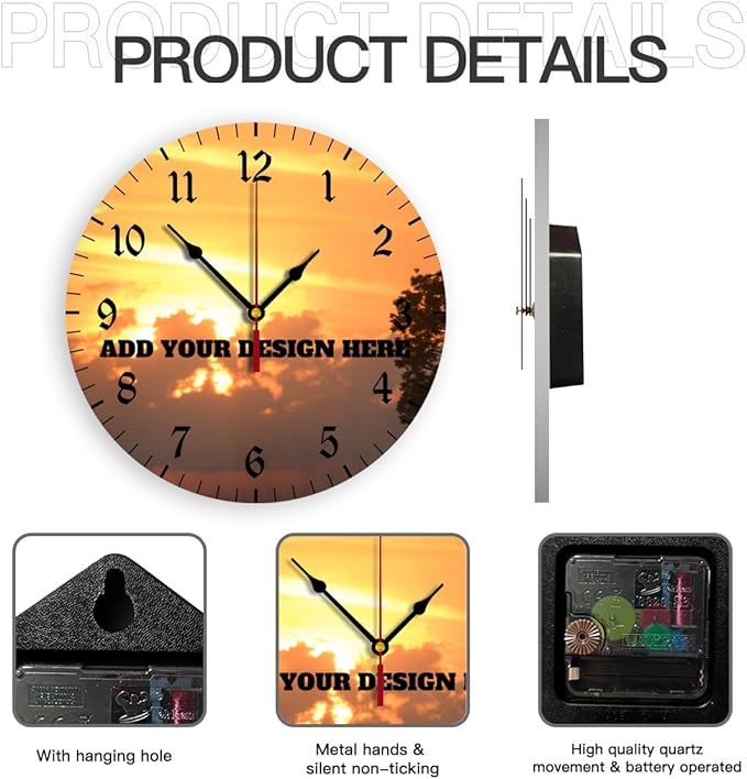 Generic Custom Wall Clock Personalized Clocks with Photo Text Logo Silent Non Ticking Round Decoration for Kitchen Creative, 10inch-25cm
