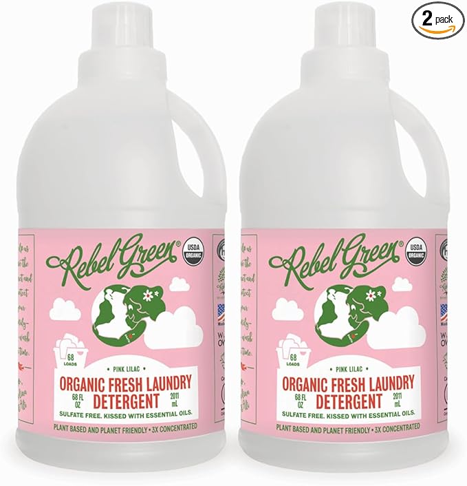 Rebel Green Organic Laundry Detergent - Natural Laundry Soap - Liquid Laundry Detergent with Dispenser Cup - Gentle Laundry Detergent - Fresh Pink Lilac - (68 Load Bottles, 2 Pack)