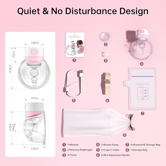 TSRETE Breast Pump, Double Wearable Breast Pump, Electric Hands-Free Breast Pumps with 2 Modes, 9 Levels, LCD Display, Memory Function Rechargeable Double Milk Extractor-27mm Flange, Pink