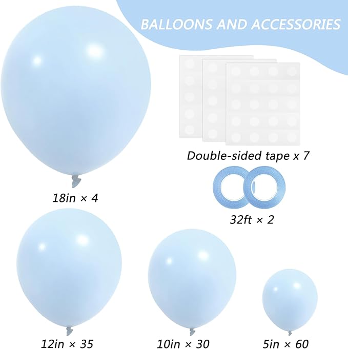 RUBFAC 129pcs Pastel Blue Balloons Different Sizes 18 12 10 5 Inch for Garland Arch, Light Blue Balloon for Birthday Baby Shower Gender Reveal Easter Wedding Party Decoration