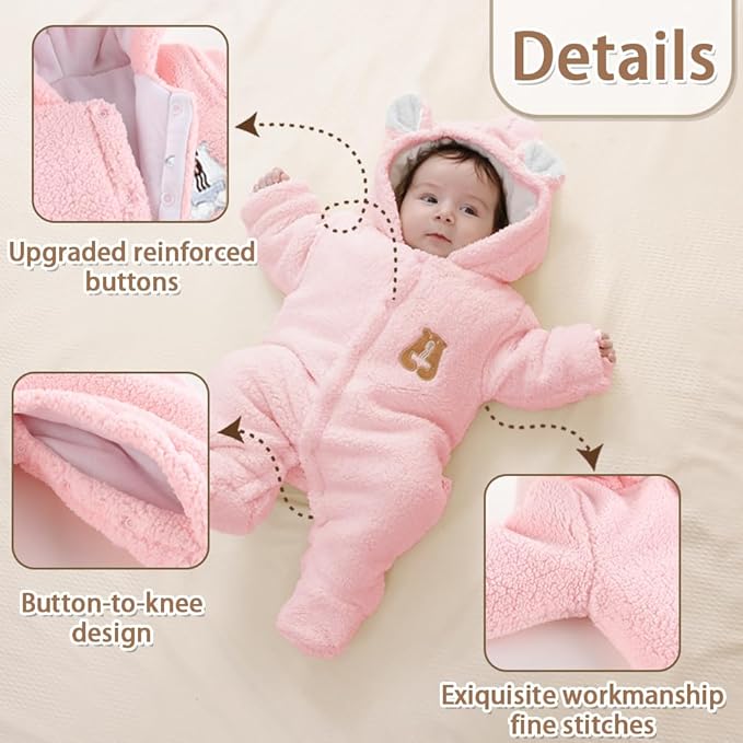 XIFAMNIY Newborn Fleece Footie Jumpsuit Hooded Warm Thicken Winter Outwear Snowsuit for Baby Girls and Boys