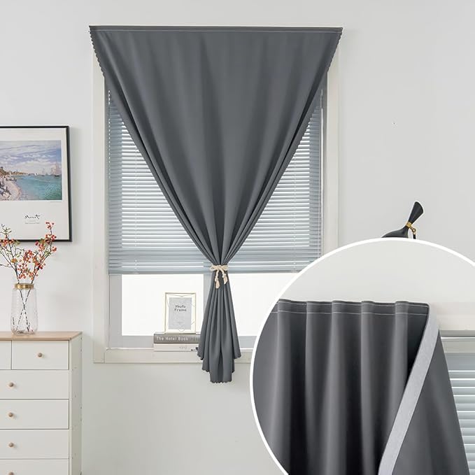 Magic Tape Stick On Curtains Window Shades Pull Down Blackout Window Cover Blackout Curtains for Bedroom No Drillng Self Adhesive Curtains No Rod Small Curtain, 35" W X 79" L, Grey, 1 Panel