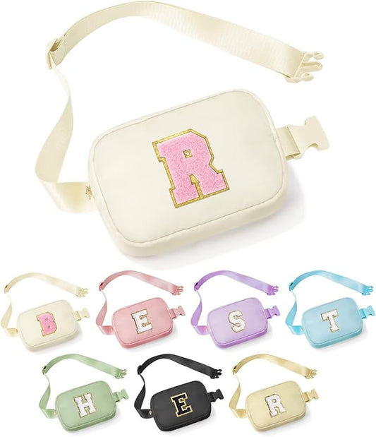YOOLIFE Initial Belt Bag for Women - Crossbody Bags for Women Fanny Pack Cross body Bag for Women White Letter Everywhere Belt Bag Monogrammed Crossbody Bag R, Small, Beige
