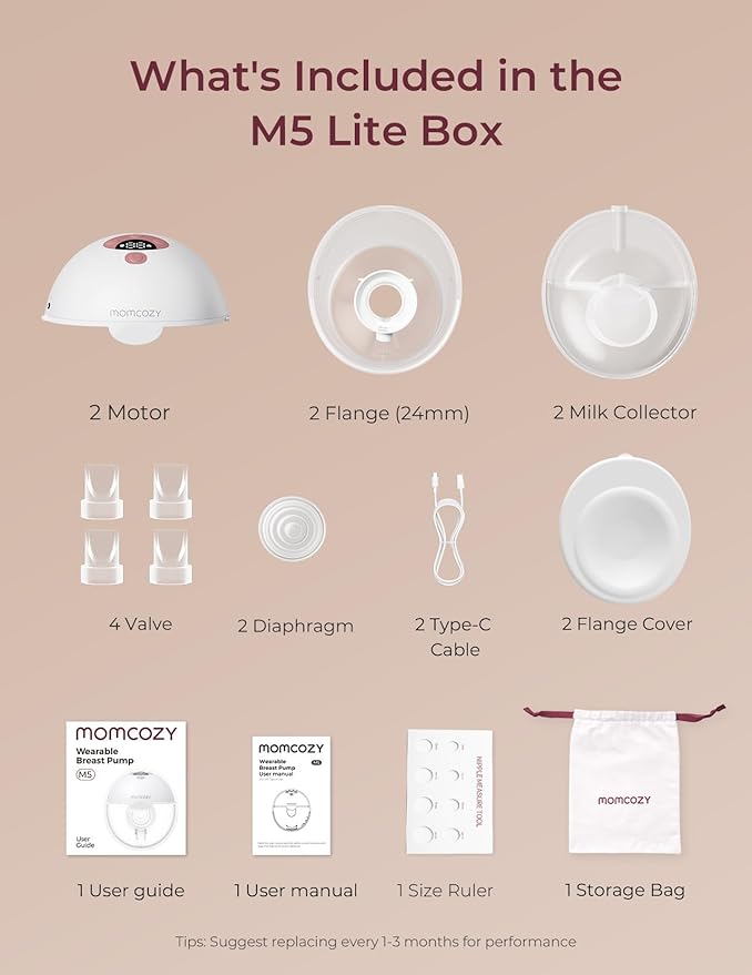 Momcozy M5 Lite Hands-Free Wearable Breast Pump, DoubleFit Flange for Baby-Like Comfort, 3 Modes & 9 Suction Levels, No Flange Insert or Hard Carry Case, 24mm, 2-Pack, Cozy Red