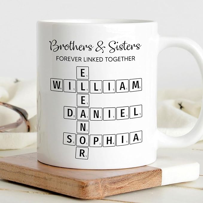 Trending Custom Brothers & Sisters Forever Linked Together Personalized White Mug Brothers Sisters Crossword Puzzle Art Mug, Gift For Brothers, Sisters, Siblings, Family Member on Birthday Christmas