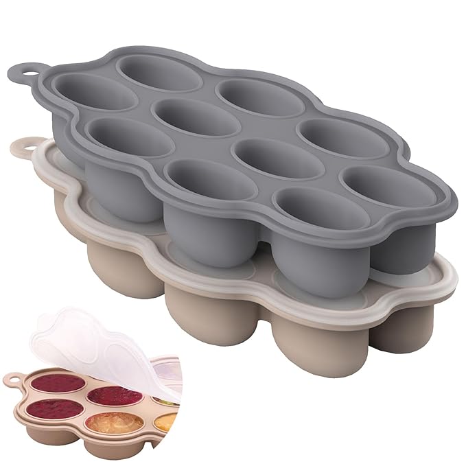 Silicone Baby Food Freezer Tray 2Pack Perfect Food Storage Containers for Homemade Baby Food, Fruit Purees, Breastmilk, Vegetable (Grey + Tan)
