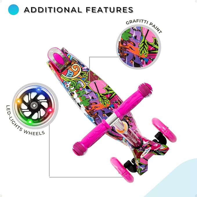 Maxi Scooter for Kids Ages 6-12 Lean-to-Steer 3 Wheel Scooter for Kids Ages 6-12 PU Light-Up Wheels Kids Scooter Adjustable Height Light Weight Aluminum Scooters T-Bar Colorful Design Printed