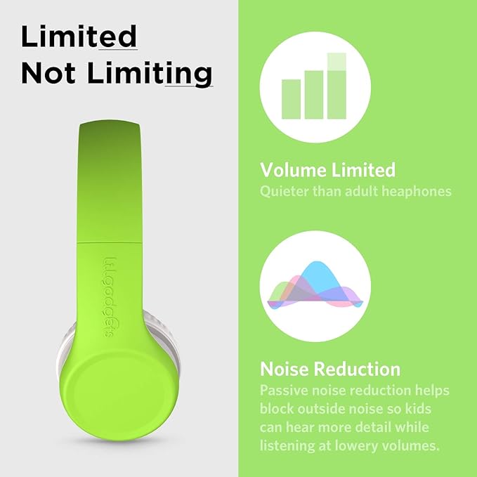LilGadgets Connect+ Wired Kids Headphones for School with Mic, Volume Limited & Noise Reduction, On-Ear Headset with Cord, SharePort Technology for Multiple Kids & SoftTouch Padding, Green