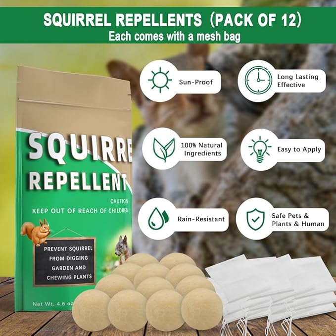 Squirrel Repellent Outdoor, Chipmunk Repellent for Attic/Garden/Bird Feeders/Plants/Cars, Deterrent Squirrels, Keep Chipmunks Away-Pack of 12