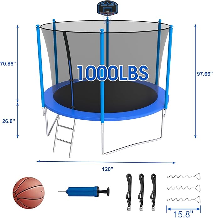 SKYUP Tranpoline 1500LBS 16 15 14 12 10 8 FT Tranpoline for 7-10 Kids and Adults, Windproof Outdoor Tranpoline with Enclosure Net, Basketball Hoop, Easy to Install & Last Long - ASTM Approved