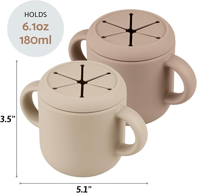 Snack Containers, Silicone Snack Cups for 6-12 Months Toddlers - Pack of 2 Food Grade Silicone Snack Cups with Grip Handle for Baby Led Weaning, Unbreakable (Sand/Natural)