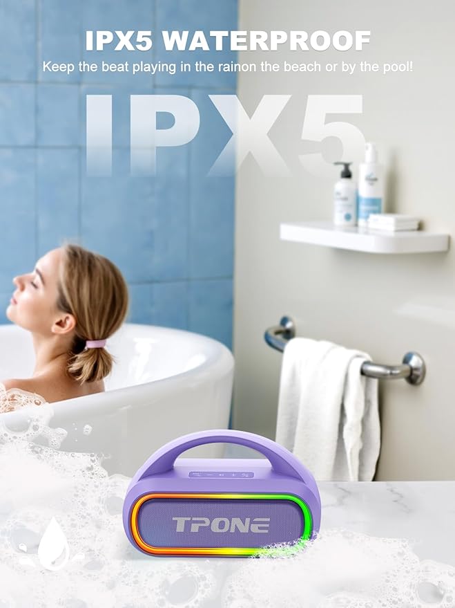 TPone Portable Bluetooth Speaker, 30W (Peak) Wireless Speaker for Outdoor, Up to 12H Playtime, IPX5 Waterproof with Light, TWS Pairing, for Home/Party/Outdoor/Beach, Birthday Gift (Chilled Lilac)