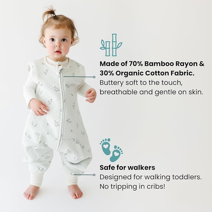 Tealbee DREAMSUIT: Toddler Sleep Sack with Feet 2T 3T - 0.8 TOG Lightweight Baby Wearable Blanket for Walkers - Rayon Made from Bamboo, Organic Cotton Sleeping Bag - Croissant