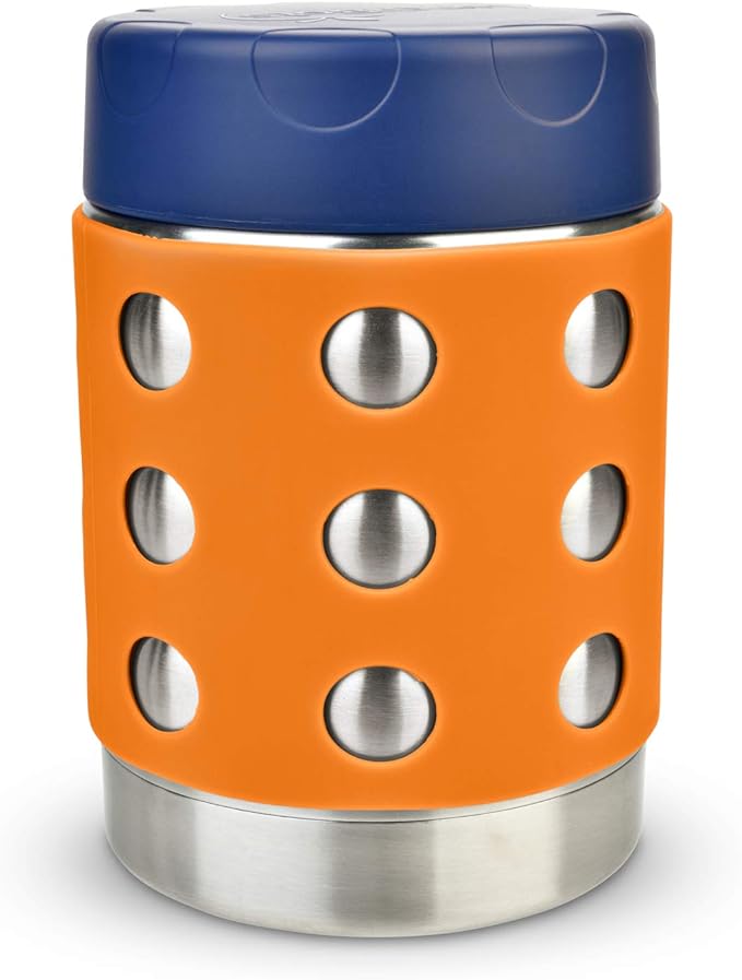 LunchBots Thermal 12 oz Triple Insulated Thermos - Hot 6 Hours or Cold 12 Hours - Leak Proof Thermos Soup Jar - All Stainless Interior - Navy Lid - Orange Dots