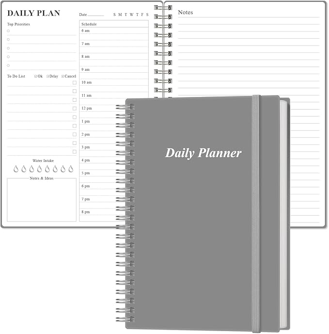 Daily Planner Undated - A5 To Do List Notebook Hourly Schedules, Spiral Appointment Planner for Women and Men, PVC Hardcover, Inner Pocket, Elastic Closure, 5.8" x 8.3", Grey