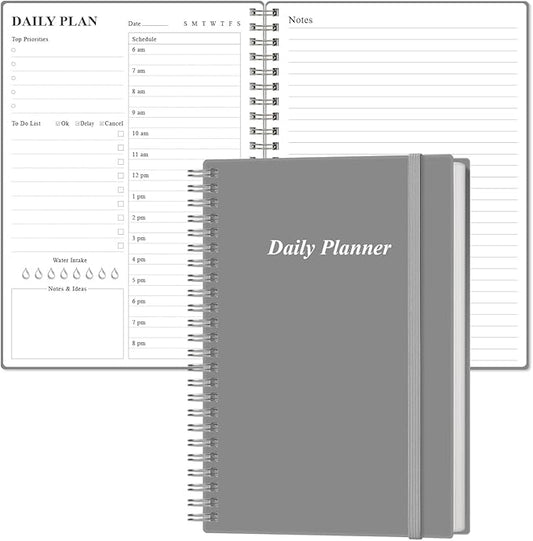 Daily Planner Undated - A5 To Do List Notebook Hourly Schedules, Spiral Appointment Planner for Women and Men, PVC Hardcover, Inner Pocket, Elastic Closure, 5.8" x 8.3", Grey