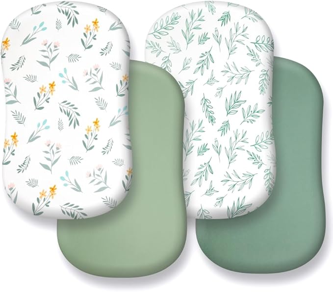 4 Pack Sage Green Fitted Nursery Sheets Breathable Neutral Unisex Baby Sheets for Boys or Girls with Leaf and Flower Design (Bassinet)