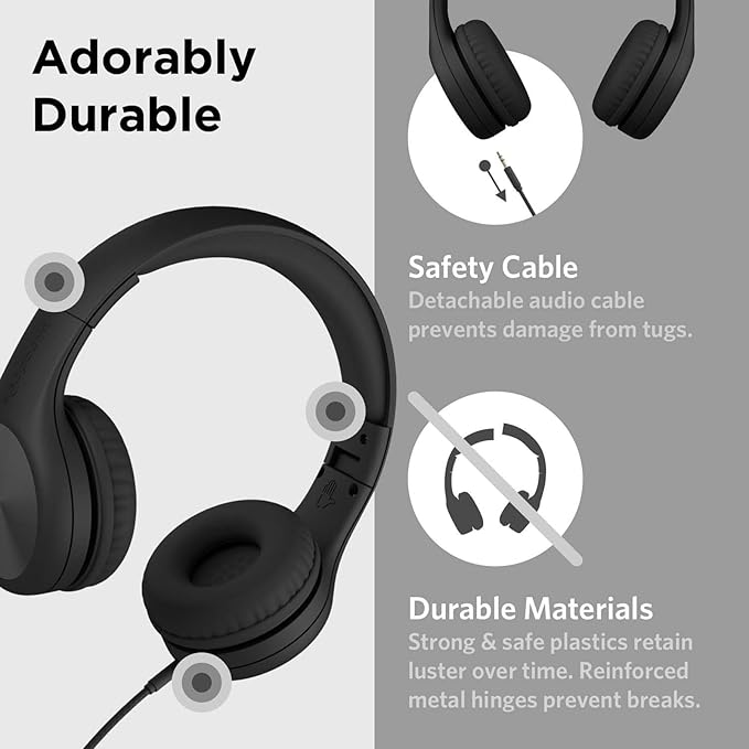 LilGadgets Connect+ Pro Wired Kids Headphones for School w/Microphone, Volume Limiting & Noise Reduction Over-Ear Headset w/Cord, SharePort Technology & SoftTouch Padding, Black Headphones for Kids