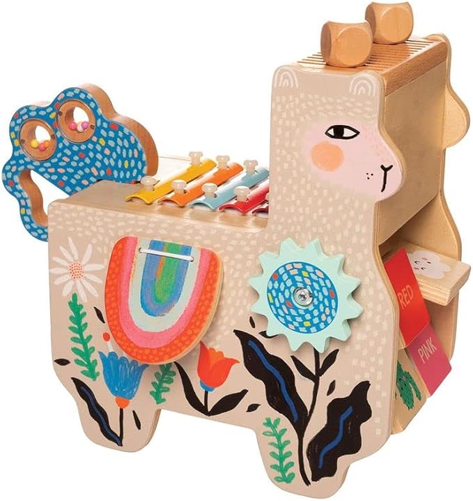 Manhattan Toy Musical Llama Wooden Instrument for Toddlers with Maraca, Clacking Saddlebags, Drumsticks, Washboard & Xylophone