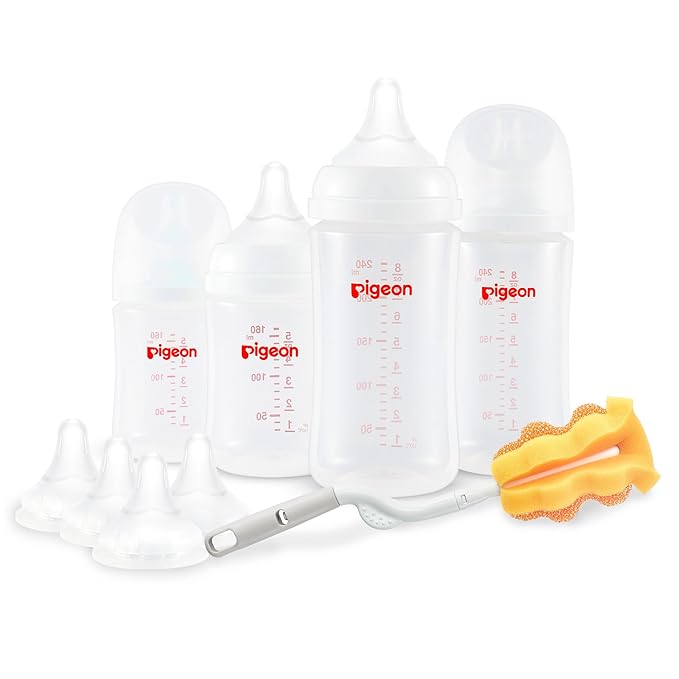Pigeon Baby Bottle Newborn Feeding Gift Set, Anti-Colic, Wide Neck Bottle with Latch-On Line Nipple (4 PP Feeding Bottles with Nipples+ 4 Nipples + 1 Baby Bottle Brush)