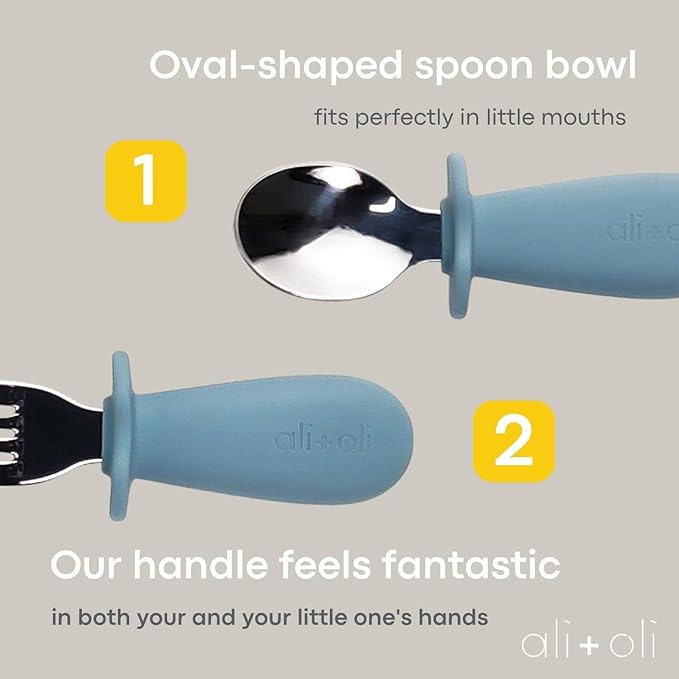 Ali+Oli Spoon & Fork Learning Set for Toddlers (Powder Blue) 6m+ Grab Easy BPA Free Food-Grade Silicone Handle, Kids Silverware Self Feeding Baby Utensil, Multi-stage Baby Feeding Set Ergonomic Design