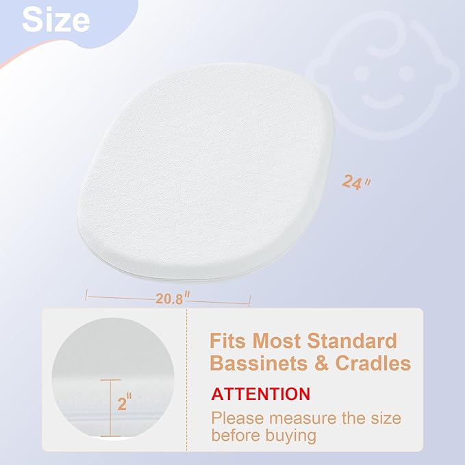 NeoBorn Baby Bassinet Mattress Pad, 24" x 20.8" Dual Sided Comfort Gel Memory Foam Mattress with Removable Breathable Soft Tencel Cover Fit for Graco Pack n Play Dome LX Bassinet, not playard