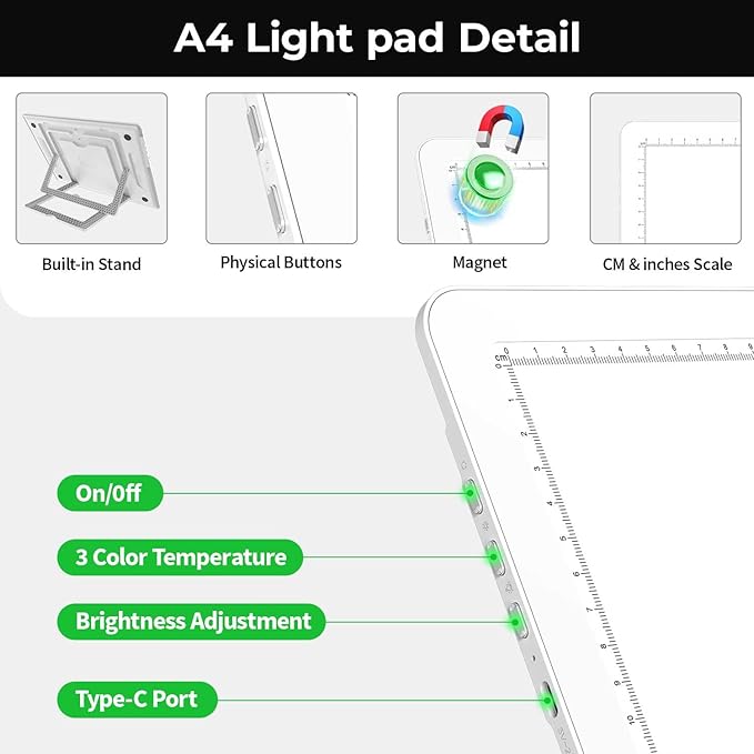 Zocelight Rechargeable A4 Light Pad with Built-in Stand,Super Bright Magnetic Light Box For Tracing,Wireless Diamond Art Light Board with Side Buttons,Light Table for Diamond Painting,Sketching(White)
