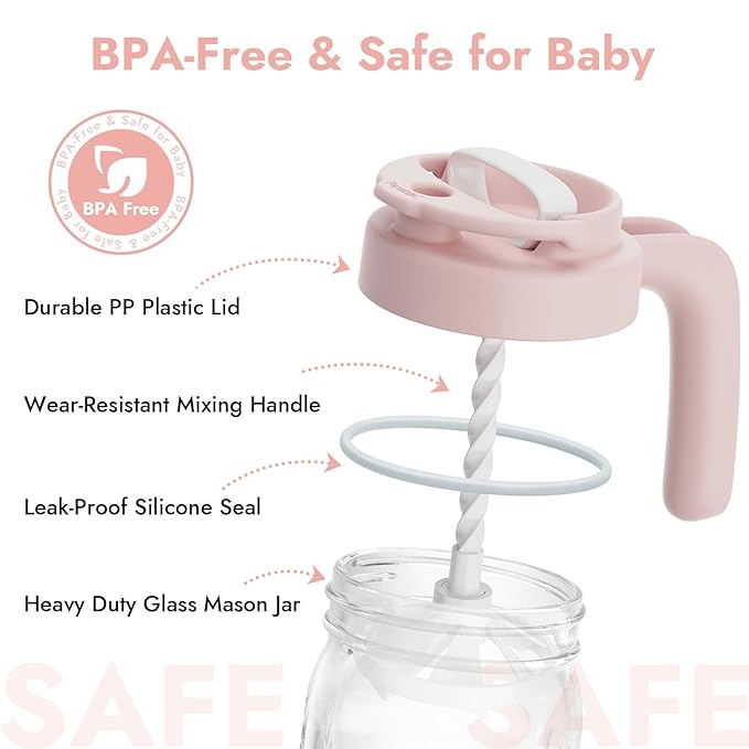 Papablic Glass Breastmilk Pitcher, Formula Mixing Pitcher with Mixing Handle Lid, Wide Mouth Mason Jar Mixer with Flip Locking Spout, Easy to Clean, BPA Free, Pink