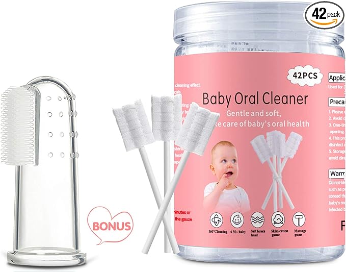 Baby Tongue Cleaner, Baby Toothbrush, 42Pcs Disposable Infant Toothbrush Clean Baby Mouth,Gauze Gum Cleaner Toothbrush Baby Oral Cleaning Stick Dental Care for 0-36 Month Baby+Free 1 Finger Toothbrush