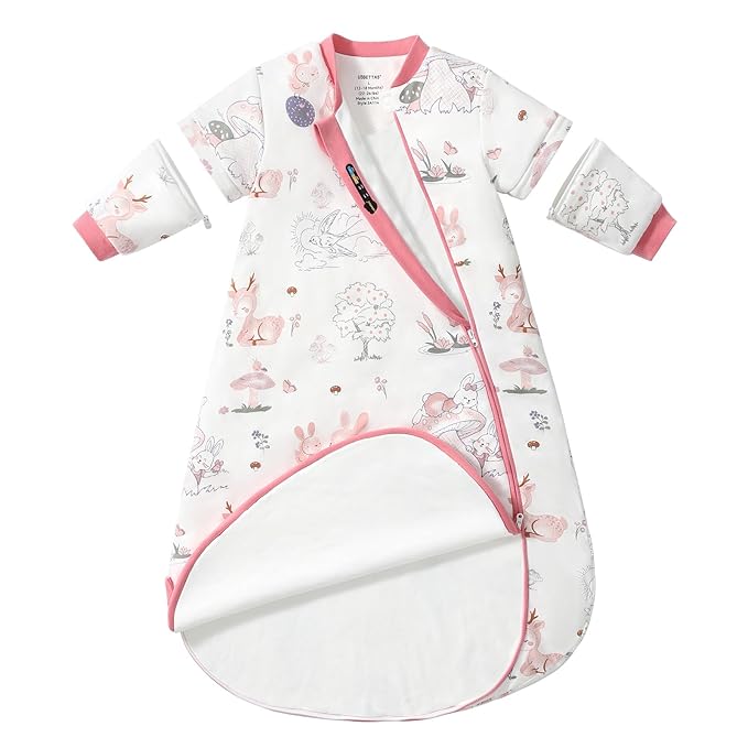Baby Sleep Sack 18-24 Months, Cotton Detachable Long Sleeve Sleep Sack, 1.0 Tog Toddler Sleeping Sack with Temperature Strips, 2-Way Zipper Wearable Blankets for Newborns, Bunny