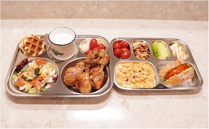 Korean Stainless Steel Divided Plates, Food Grade 304 Tray for Kids, Teens, Adults, Picky Eaters, BPA Free, 6 Sections, Diet Portion Control, Serving Platter, Dinner Snack, Set of 2
