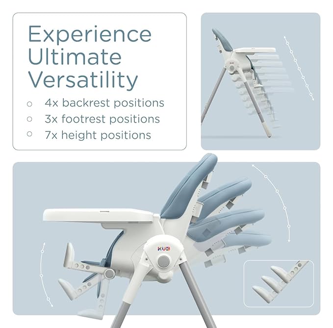 KÜB 3-in-1 Foldable Baby High Chair, 7 Height & 4 Recline Adjustable Seat & Tray for Easy Clean, 2 Locking Wheels, Multifunctional Infant High Chairs for Babies and Toddlers (Blue, with Toys)