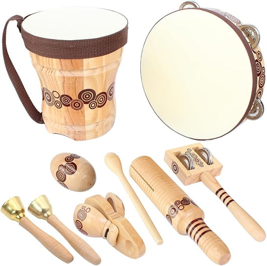Wooden Musical Instruments Set for Kids,7 Types Percussion Set,Bongo Drum,Tambourine 8 inch...Natural Sheepskin Drumhead,Toddler Musical Toys,Gift for Rhythm Montessori Class Education