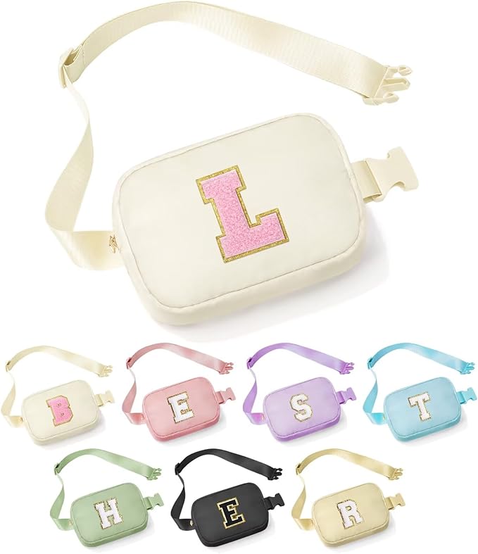 YOOLIFE Birthday Gifts for 3 4 5 6 7 8 9 10 11 12 13 Year Old Girls, Initial Fanny Pack for Girls Crossbody Bag Belt Bag Purse, Beige L