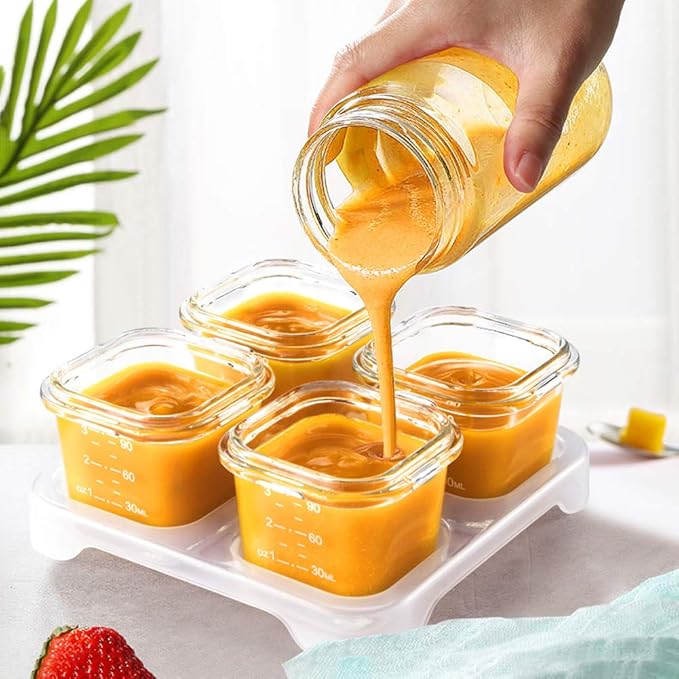 Matyz 4-Pack Baby Glass Jars For Food Storage with Lids Airtight and Stackable Tray (Mint Green, 4 OZ Each) - Small Solid Food Storage Containers For Baby On The Go - Freezer Microwave Oven Safe