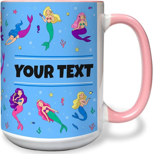 Personalized Mug for Kids - Mermaids - Custom Name/Text, Ceramic Hot Chocolate/Cocoa/Coffee Cup for Girls, Birthday/Christmas/Holiday Gift - 15 oz, Pink Handle