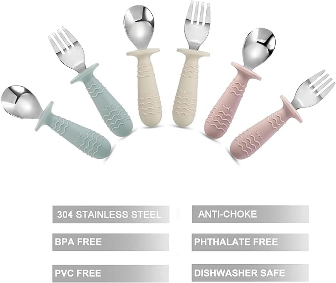 PandaEar 6 Pieces Baby Toddler Silicone Stainless Steel Utensils Silverware Spoon Fork for Baby Toddler BPA Free with Silicone Holding Anti-Choke Design (Blue Pink White)