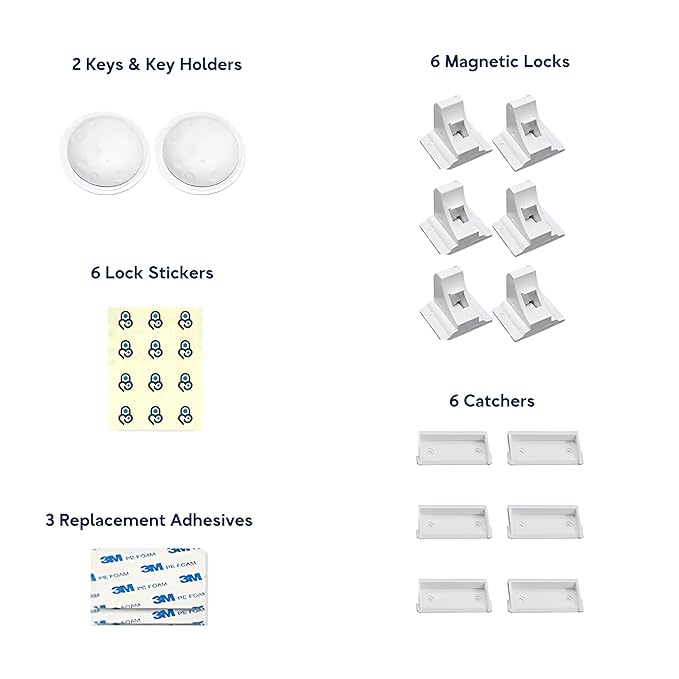 Magnetic Safety Lock Kit 6 Locks + 2 Keys, 3M Adhesive Easy Installation, Baby Proofing Magnetic Locks for Cabinets and Drawers